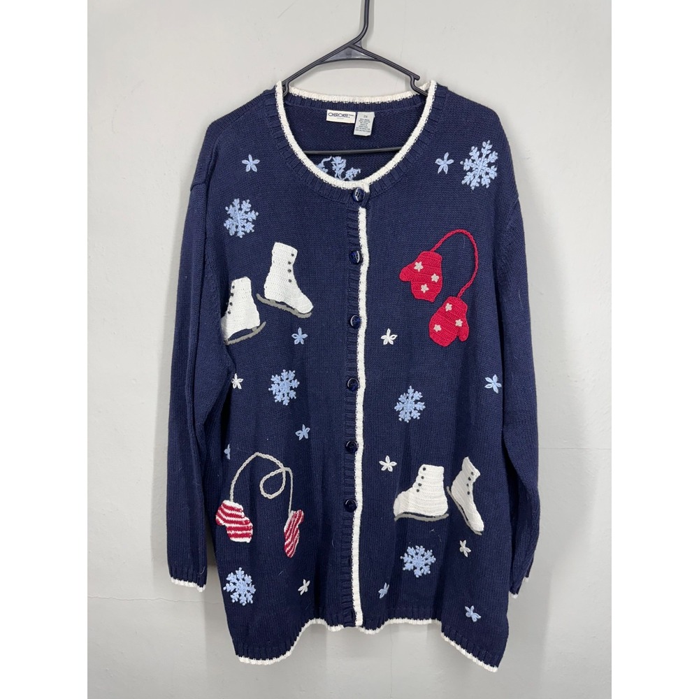 Vintage‎ 90s Ramie Cardigan Sweater 2X Blue Ice Skates Mittens Snowflakes Xmas